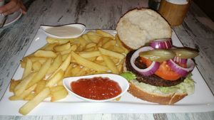 veg burger and fries at Boston George in Haifa