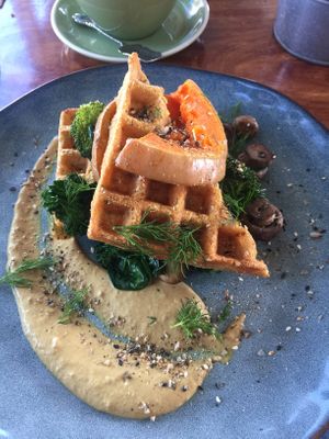 Sweet corn waffle fritters vegan at The Treehouse Cafe in Ulladulla