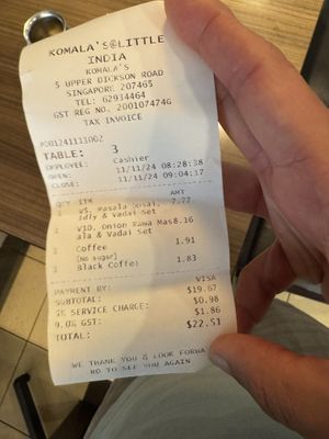 Receipt   at Komala's Restaurant - Little India in Central Singapore