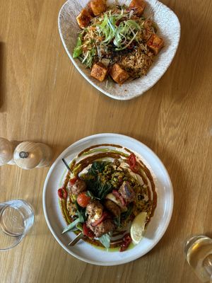 ‘Chicken’ kebabs and bibambap  at Mildreds - Dalston in East London