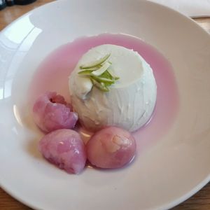 Pandan panna cotta and lychees - vegan at Mildreds - Dalston in East London