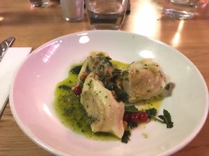 Pumpkin ravioli with garlic butter and cranberries  at Mildreds - Dalston in East London