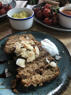 Banana bread and tofu scramble  at Mildreds - Dalston in East London