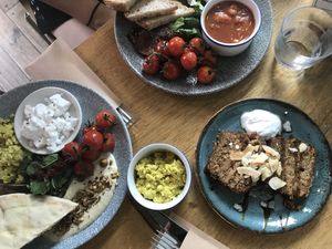 Vegan mezze brunch and vegan banana bread  at Mildreds - Dalston in East London