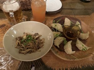 Fried mushrooms and gyoza  at Navo in Furano