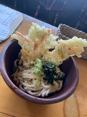 Cold udon with veggie tempura at Navo in Furano