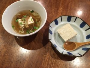Housemade tofu and soup with lunch set at Tofu Room Dy's in Tokyo
