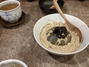 Black sesame tofu with kinako at Tofu Room Dy's in Tokyo