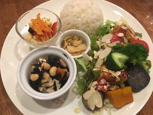 Vegan dish of the day with rice, seasoned tofu and vegetables, and Japanese side dishes at Tofu Room Dy's in Tokyo