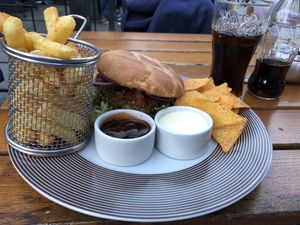 Veganburger with barbecue and sourcream dip at Smeltehuset in Odda