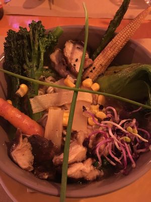 Veggie and mushroom packed Ramen Noodles. In as given extra veg as they removed the egg to cater for me  at Boca Xica in Armacao De Pera