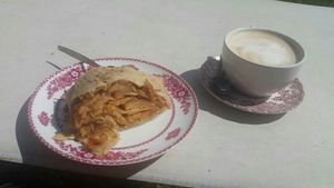 Apfelstrudel+ Hafer Cappuccino at Manjas Gasthaus Schellenberg in Bergen