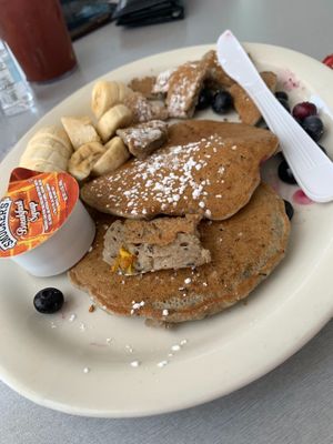 Full image of the Vegan Blueberry Pancakes (with the egg on it) at Stella's Cafe in Wildwood