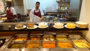 buffet spread and kitchen crew at Madras Woodland Ganga in Central Singapore