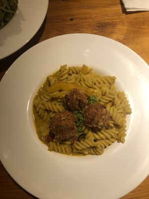 Pumpkin pasta with “meat balls” at Mani Mani in Taipei