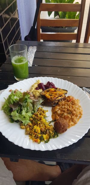 Mixed plate with eggplant, salad, stroganoff at Apetit Natural in Brasilia