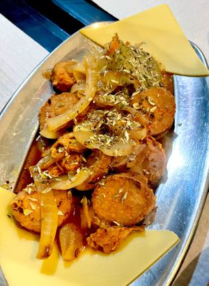 Fried Soya Chorizo €9.50  at Veggie Momi in Albufeira