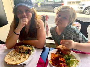 Cheese quesadilla and beyond burger  at Veggie Momi in Albufeira