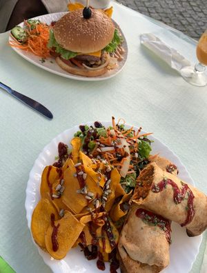Beyond Meat Burger and local specialty wrap  at Veggie Momi in Albufeira
