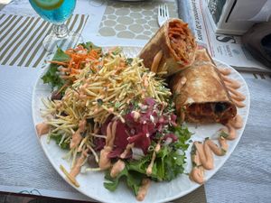 Portuguese wrap with shoestring fries and salad at Veggie Momi in Albufeira
