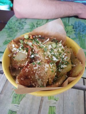 Lovely flavoursome potatoes cooked in the oven. at Veggie Momi in Albufeira