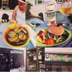 Our little friend, outside the restaurant and some of the lovely food we tried  at Veggie Momi in Albufeira