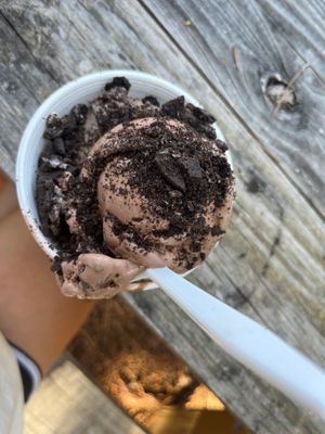 A scoop of Vegan Double Chocolate Coconut & scoop Vegan Oreo ice cream with Oreos on top at Ice Dreammm Shop in Lutz