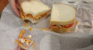 Buffalo chickpea had sooo much red onion at On The Bus in Milwaukee