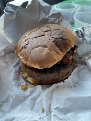 Smokehouse Burger w slaw ots  at On The Bus in Milwaukee