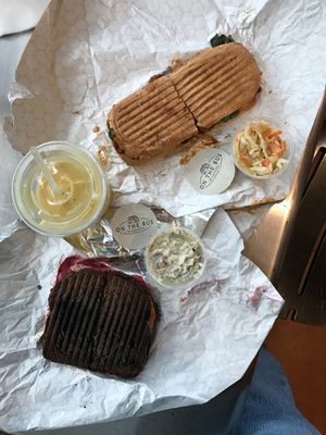Lovely sandwiches! Barbecue seitan panini and a tempeh Reuben.  at On The Bus in Milwaukee