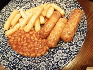 Vegan sausages, chips and beans at The Lord Rosebery in Scarborough
