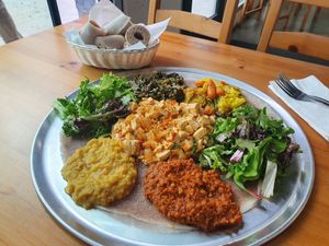 Vegan Sampler + Tofu Tibs at Moya in San Francisco