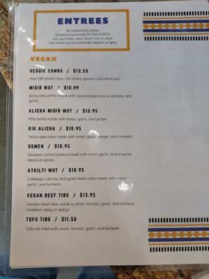 Menu on top just says vegetarian, but paper menu says vegan at Moya in San Francisco