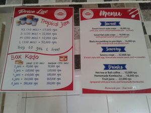 Price list & Menu.
Small dishes - suitable for breakfast or dessert. at Confiture de Bali in Ubud