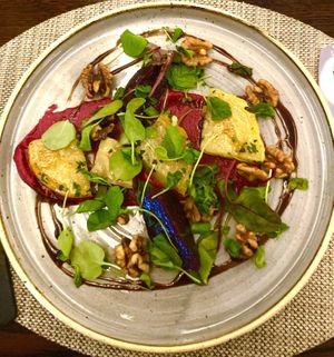 Veganised starter - beetroot hummus  at Zuni in Kilkenny