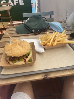 Joker soy burger + french fries (and a latte I inhaled immediately)  at The Burger Cafe in Tenerife