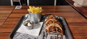 Vegan Meat Tacos: Vegan meat Heura, Pico de gallo, cabbage and Teriyaki sauce.
Fries with apparently NOT vegan mayo. at The Burger Cafe in Tenerife