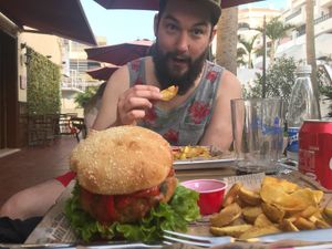 Mushrooming burger and potato wedge at The Burger Cafe in Tenerife