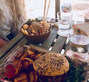 Kale, fried tofu with peanut butter buddah bowl and jackfruit burger at The Burger Cafe in Tenerife