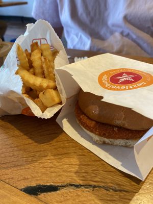 Chicken style burger and fries/chips at Next Level Burger - Roosevelt in Seattle
