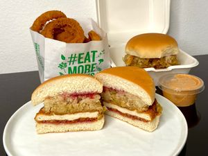 the gobbler + onion rings w/ghost sauce (dinner for 2 plated at home) at Next Level Burger - Roosevelt in Seattle