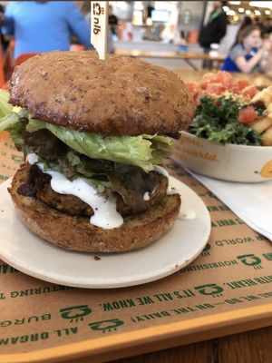 Bleu cheese burger and side Caesar salad. Lately they’ve decided to change to a different salad which is leafy and nothing like the kale in the pic.  at Next Level Burger - Roosevelt in Seattle
