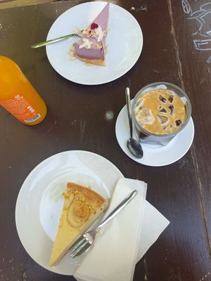 Vegan almond cheesecake, coconut-raspberry cake and iced coffee at Cafe Morgenrot in Berlin