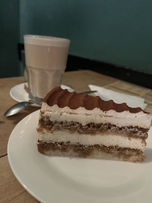 Soya chai latte & tiramisu cake, big enough for two to sharee  at Cafe Morgenrot in Berlin