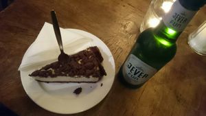 Zupfkuchen (German / Russian specialty cheese cake) and Jever Fun (alcohol free Pils beer) - total 5.70€ at Cafe Morgenrot in Berlin