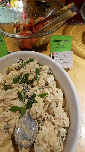 Weekend brunch buffet - vegan marinated tofu at Cafe Morgenrot in Berlin