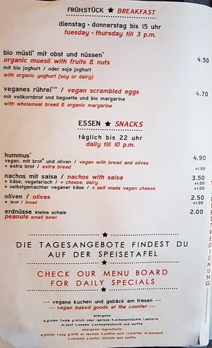 Menu (excerpt) - snacks at Cafe Morgenrot in Berlin