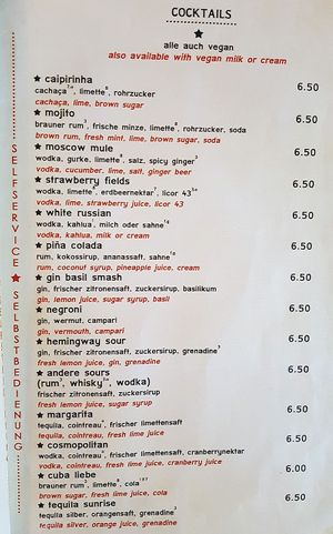 Menu (excerpt) - veganized cocktails!!! at Cafe Morgenrot in Berlin