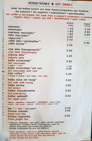 Menu (excerpt) - some hot drinks at Cafe Morgenrot in Berlin