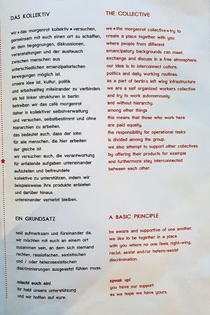 Principles of the cafe (German / English) at Cafe Morgenrot in Berlin